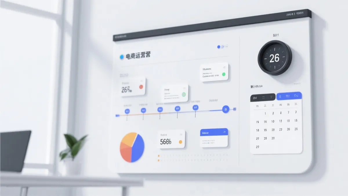 电商运营看板与倒计时日历的视觉概念图，体现半决赛节点营销节奏
