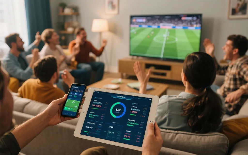 多人在客厅用智能电视观看世界杯，同时手机平板显示实时数据与互动弹幕